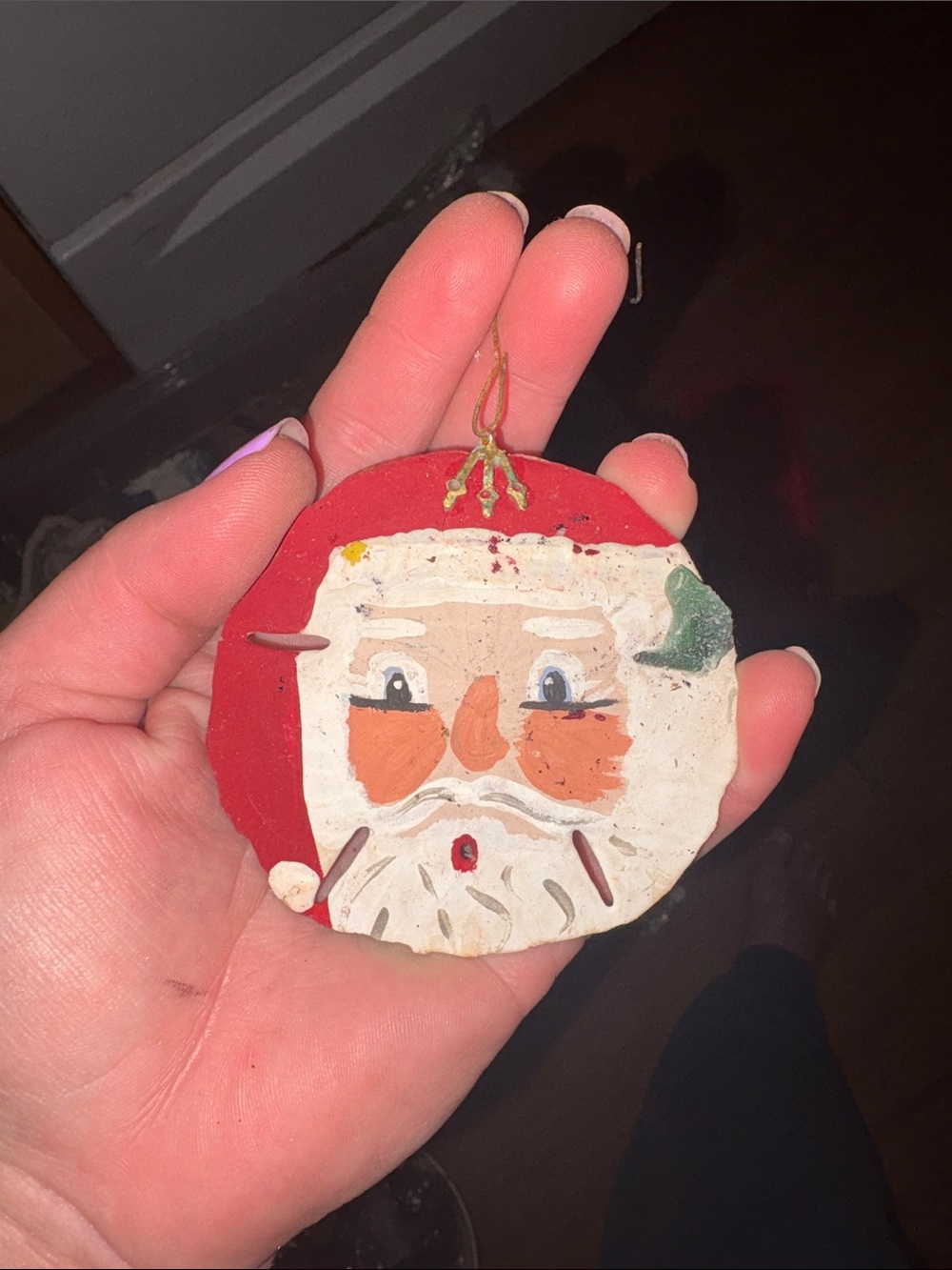 Hand-Painted Santa Face Ornament - Red & White